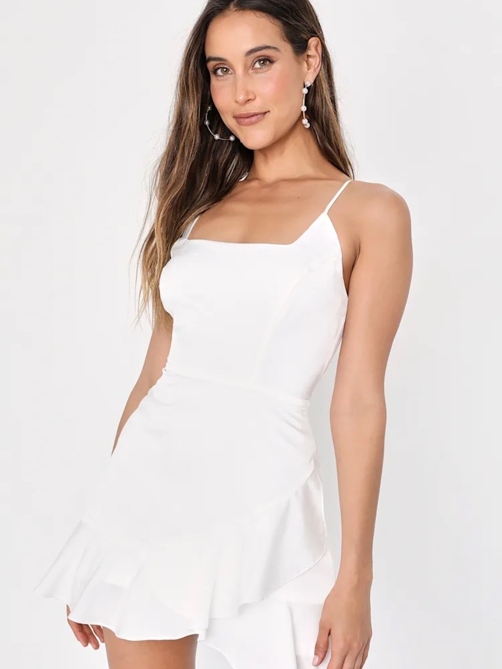 Lulu's White Spaghetti Strap Mini Dress with Ruffle Hem